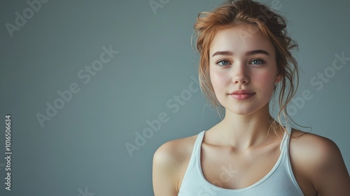 Beautiful brunette in white t-shirt doing breast self-examination Breast Cancer female breast, support, prevention, mammography, screening, oncology, cancer treatment.