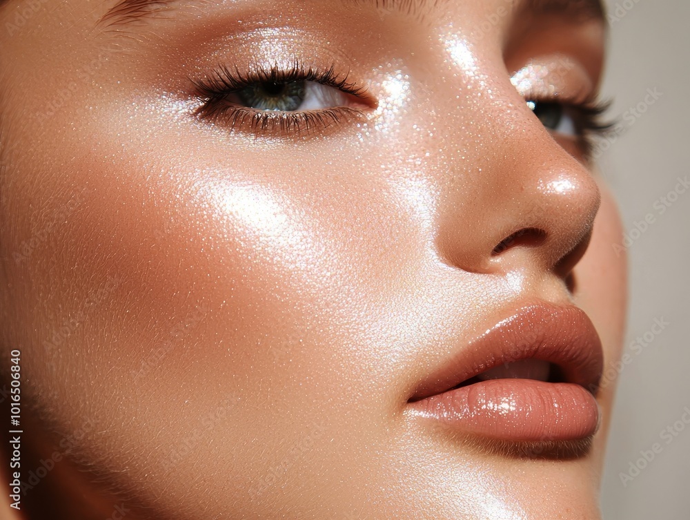 Fototapeta premium Close-up of a woman's glowing skin, highlighting beauty and radiance.