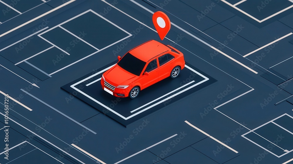 Obraz premium A red car parked in a digital parking space with a location pin on a modern city map.