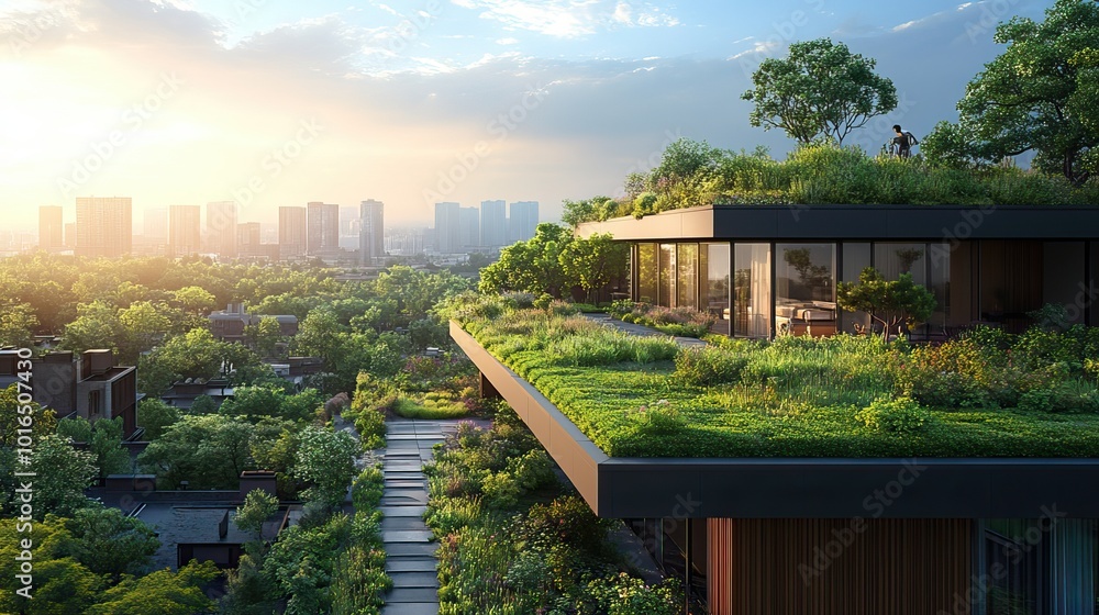concept of green roof oases urban rooftops as vibrant green spaces that contribute to biodiversity provide cooling effects and improve air quality promoting city resilience.illustration concept of green roof oases urban rooftops as vibrant green spaces that contribute to biodiversity provide cooling effects and improve air quality promoting city resilience.illustration
