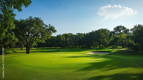 A picturesque golf course with lush green grass and forested areas, creating a peaceful atmosphere for golfers.
