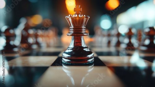 A striking close-up of a chess queen piece on a chessboard, illuminated by moody lighting, representing strategy and power in a game of chess. photo