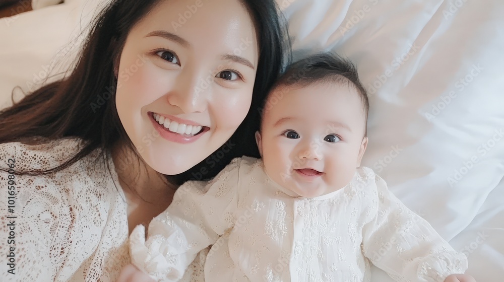 Fröhliche asiatische Mutter und Neugeborenes Bindung für Familienlebensstil und Erziehung Themen Fröhliche asiatische Mutter und Neugeborenes Bindung für Familienlebensstil und Erziehung Themen