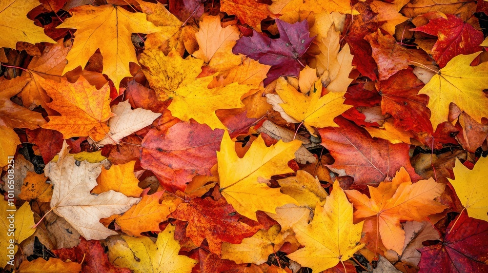 A pile of bright autumn leaves in orange, red, and yellow tones, covering the forest ground in vibrant color A pile of bright autumn leaves in orange, red, and yellow tones, covering the forest ground in vibrant color