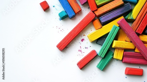 A pile of brightly colored chalk sticks scattered haphazardly across a pure white background, symbolizing fun and creativity