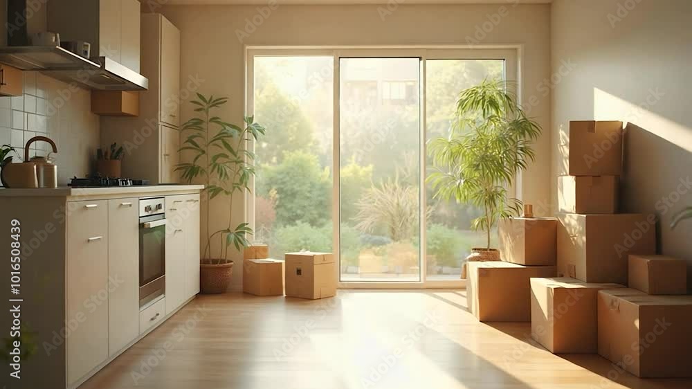 Sunlit Kitchen with Stacked Cardboard Boxes and Sliding Glass Doors Sunlit Kitchen with Stacked Cardboard Boxes and Sliding Glass Doors