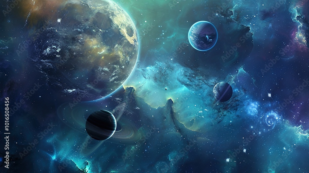 A display of various celestial bodies in a galaxy, Nebula and galaxies in space. Abstract cosmos background A display of various celestial bodies in a galaxy, Nebula and galaxies in space. Abstract cosmos background