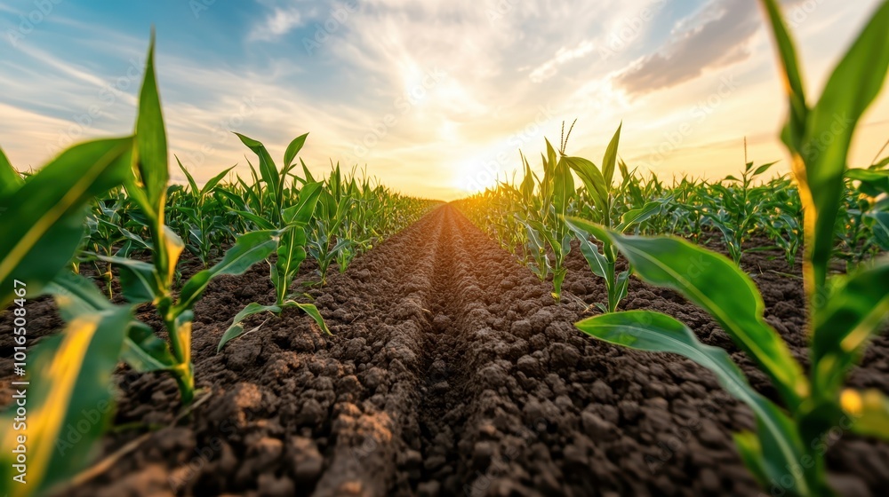 A close-up of vibrant young corn plants in rows catches the golden glow of the sunrise, showcasing the essence of growth and fresh beginnings. A close-up of vibrant young corn plants in rows catches the golden glow of the sunrise, showcasing the essence of growth and fresh beginnings.