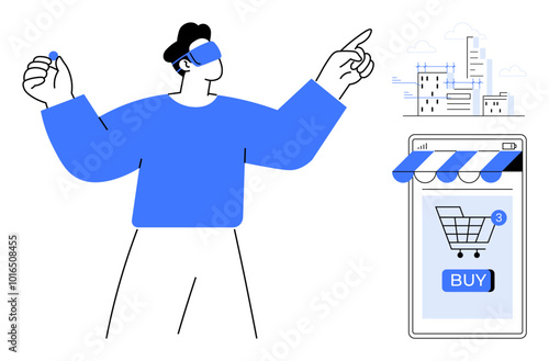 Person wearing VR headset pointing and holding object beside smartphone with shopping cart symbol. Ideal for virtual reality technology online shopping e-commerce futuristic interactions digital