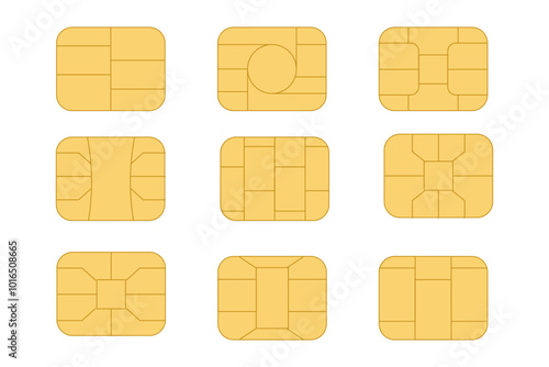 EMV chip icon set. Microchip for bank plastic credit or debit charge or sim card. Digital Nfc technology. Contactless payment at terminals and ATMs