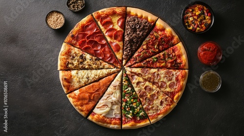 A stunning pizza banner highlighting an array of different pizza pieces and toppings, captured from above on a dark stone background, perfect for use in pizza restaurants and marketing. -