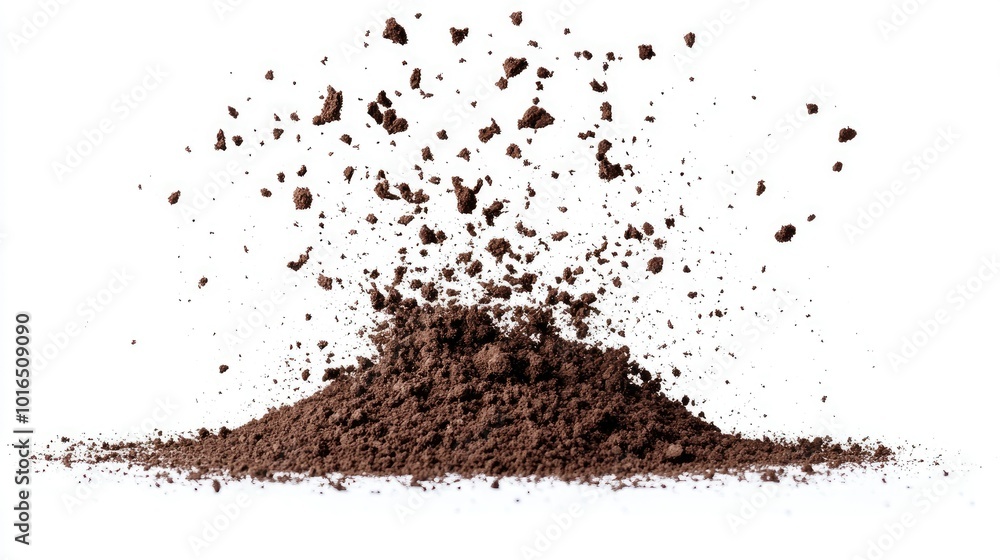 A pile of dirt flying through the air, with soil particles scattering, isolated on a white background A pile of dirt flying through the air, with soil particles scattering, isolated on a white background