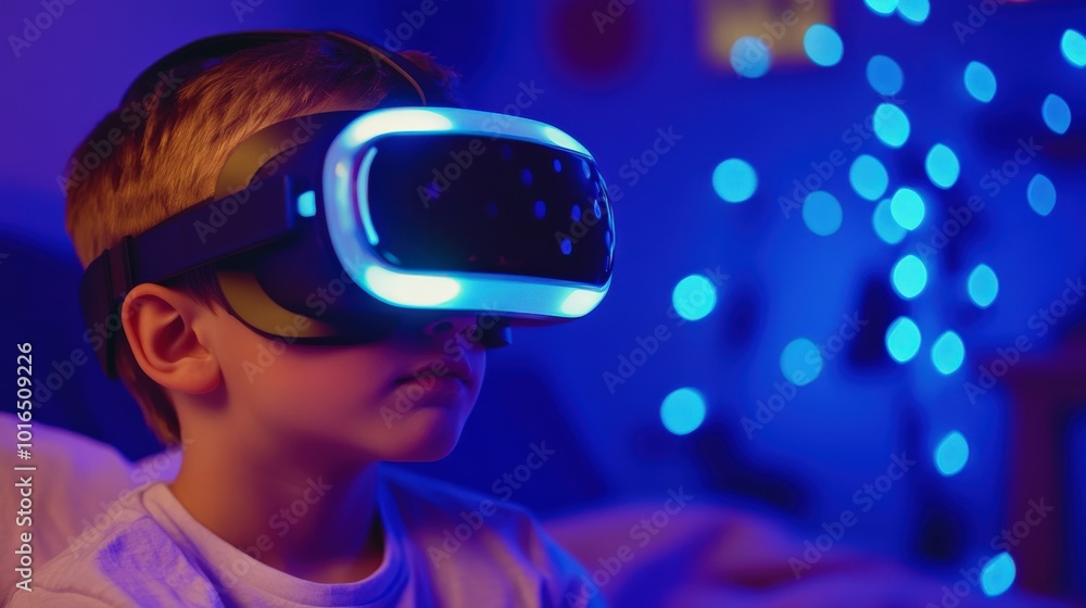 Kind beschäftigt sich mit Virtual-Reality-Technologie in einer futuristischen Umgebung für Bildungs- und Spieleanwendungen Kind beschäftigt sich mit Virtual-Reality-Technologie in einer futuristischen Umgebung für Bildungs- und Spieleanwendungen