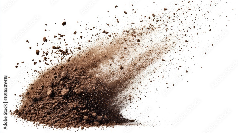 A pile of dirt scattering through the air, isolated on a white background, creating a dynamic flying effect A pile of dirt scattering through the air, isolated on a white background, creating a dynamic flying effect