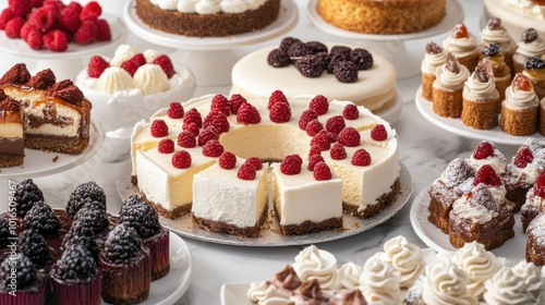 A variety of cheesecake flavors displayed in small portions, surrounded by delicate pastries and confections, creating a vibrant and inviting dessert scene.