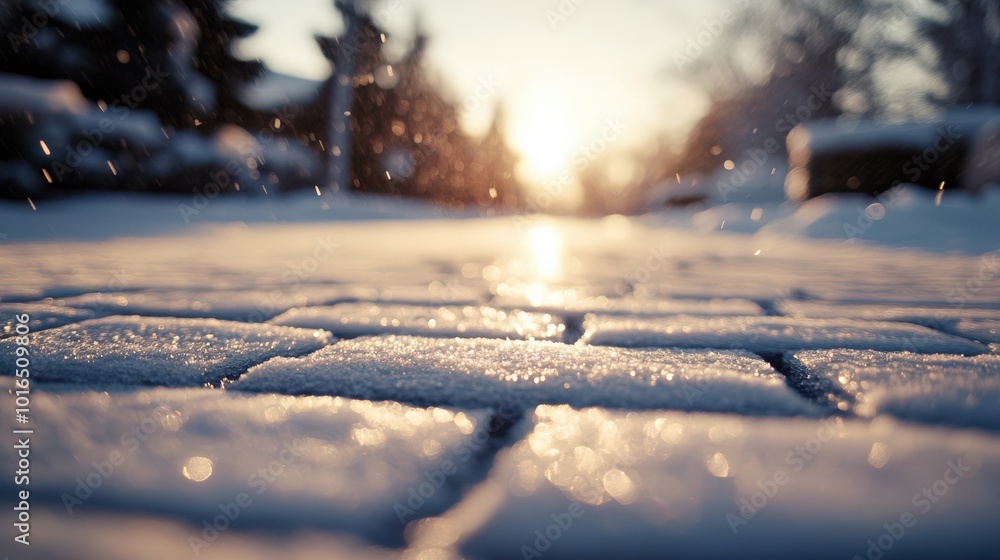 Wintermorgenspaziergang auf einem vereisten Gehweg für saisonale Designprojekte Wintermorgenspaziergang auf einem vereisten Gehweg für saisonale Designprojekte