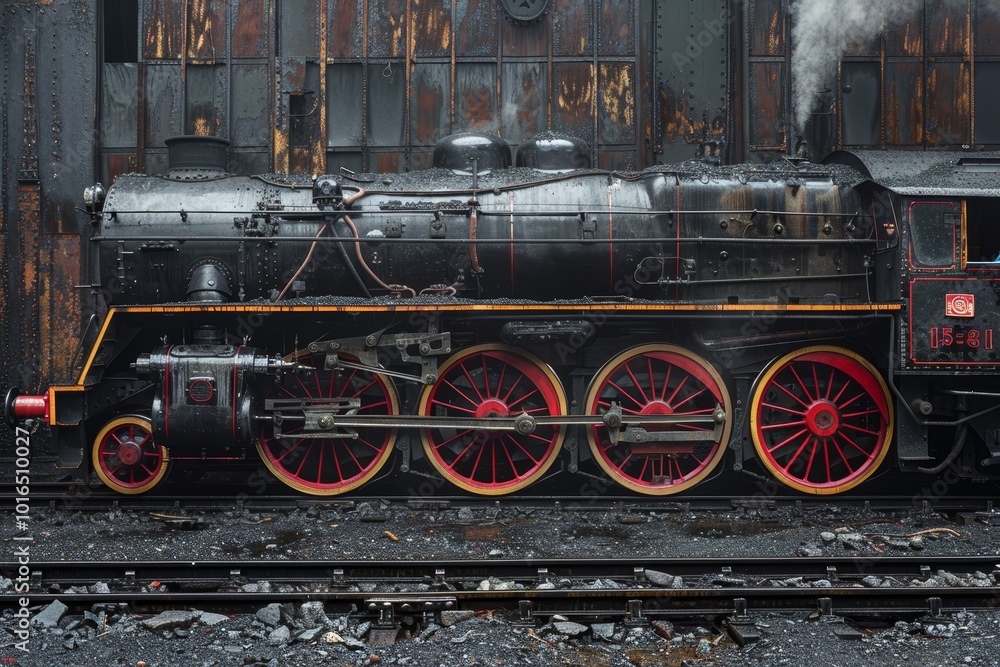 Naklejka premium Vintage steam locomotive with distinct red wheels on rails, showcasing classic black design