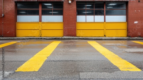 Wallpaper Mural A warehouse exterior with striking yellow doors showing moody, wet pavement after rain, creating a feeling of potential and industry readiness despite the weather. Torontodigital.ca