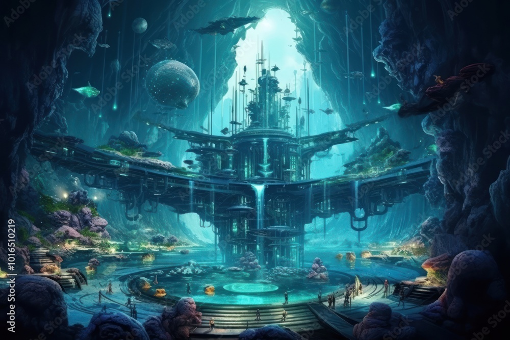 An underwater transportation architecture illuminated. An underwater transportation architecture illuminated.