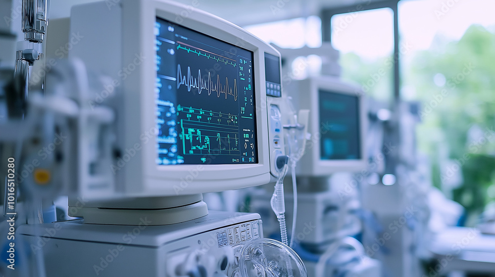 Close-up of medical monitor displaying patient vital signs in ICU Close-up of medical monitor displaying patient vital signs in ICU