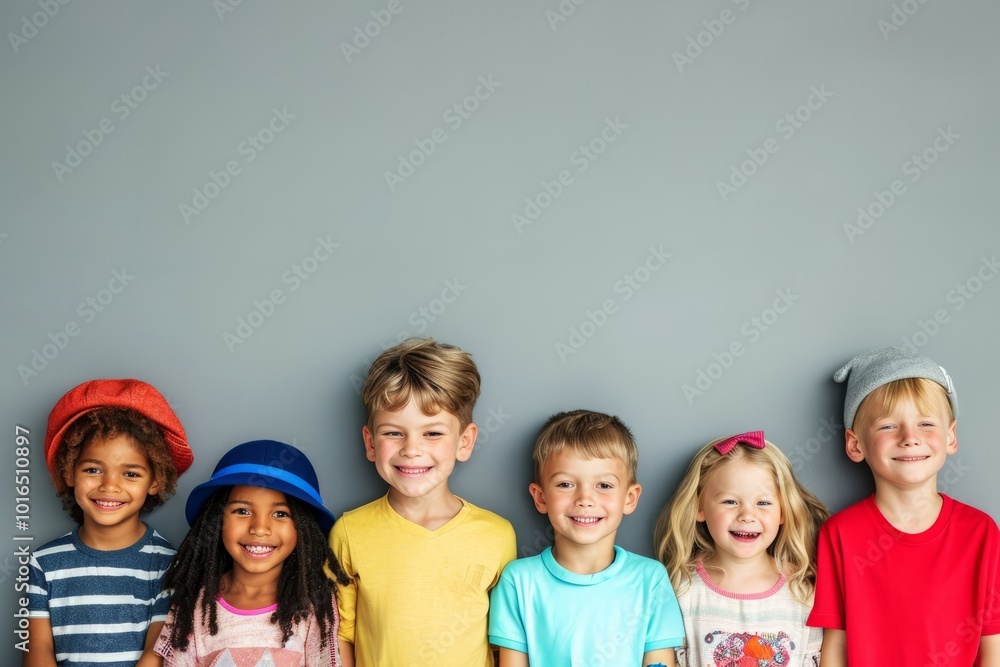 Group of kids smiling and looking at camera against grey background with copy space Group of kids smiling and looking at camera against grey background with copy space