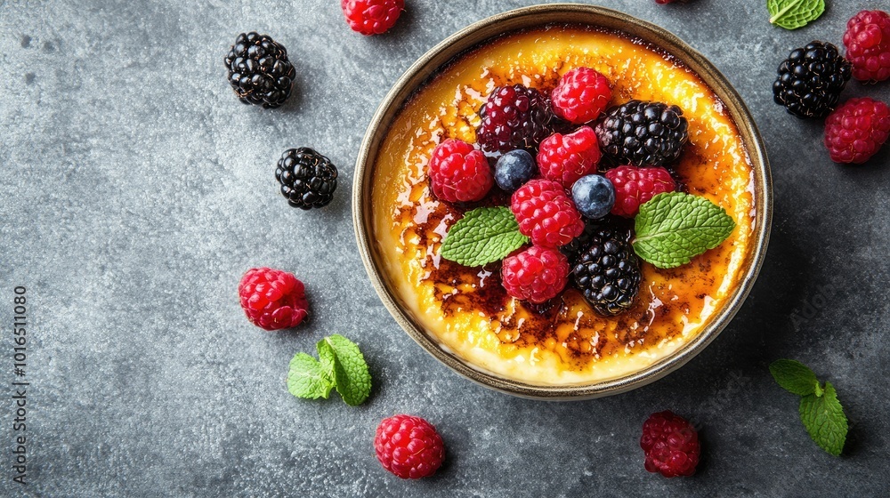 Above view of a creamy in a bowl, topped with fresh berries and mint, beautifully set against a grey table. Ample space around for text or branding. Above view of a creamy in a bowl, topped with fresh berries and mint, beautifully set against a grey table. Ample space around for text or branding.