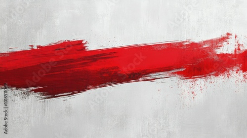 A red brushstroke slashed across a neutral grey background, creating a bold artistic effect.