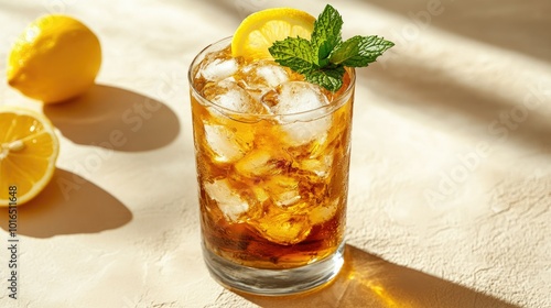 A refreshing Long Island iced tea cocktail with ice, garnished with a lemon slice and mint, showcased on beige.