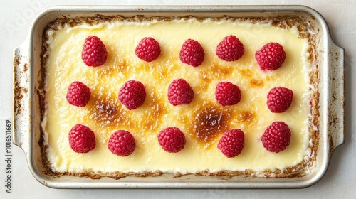 Aerial view of creamy cr topped with raspberries, elegantly positioned on a light baking sheet. Generous space around it is ideal for captioning or branding. photo