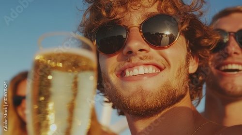 Fröhliches Feiern mit Freunden beim Champagnertrinken im Sonnenschein