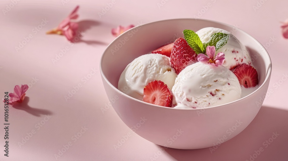 An enticing bowl of gourmet ice cream adorned with juicy strawberries, fragrant mint, and a delicate flower, captured against a soft pastel background. Ideal for showcasing luxury desserts. - An enticing bowl of gourmet ice cream adorned with juicy strawberries, fragrant mint, and a delicate flower, captured against a soft pastel background. Ideal for showcasing luxury desserts. -