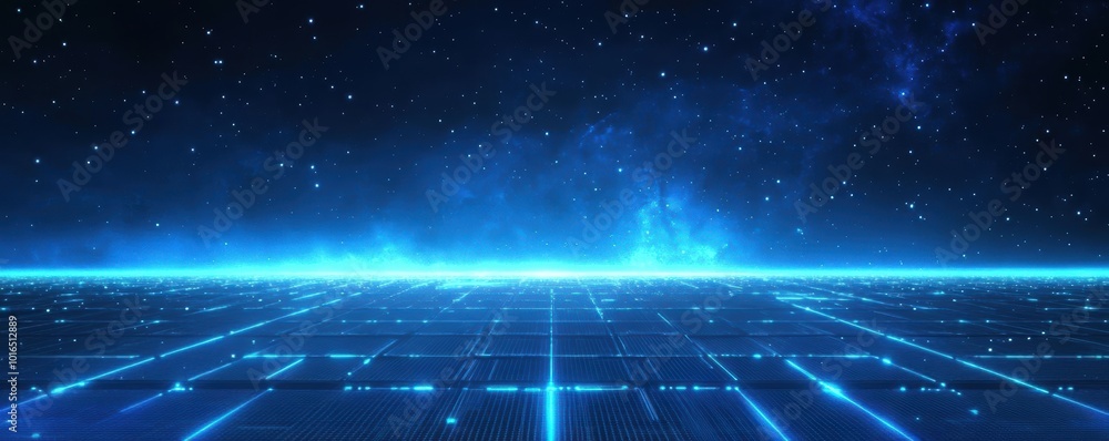 Futuristic digital grid with glowing blue lights, infinite horizon, cybernetic aesthetic, empty space for advertising Futuristic digital grid with glowing blue lights, infinite horizon, cybernetic aesthetic, empty space for advertising
