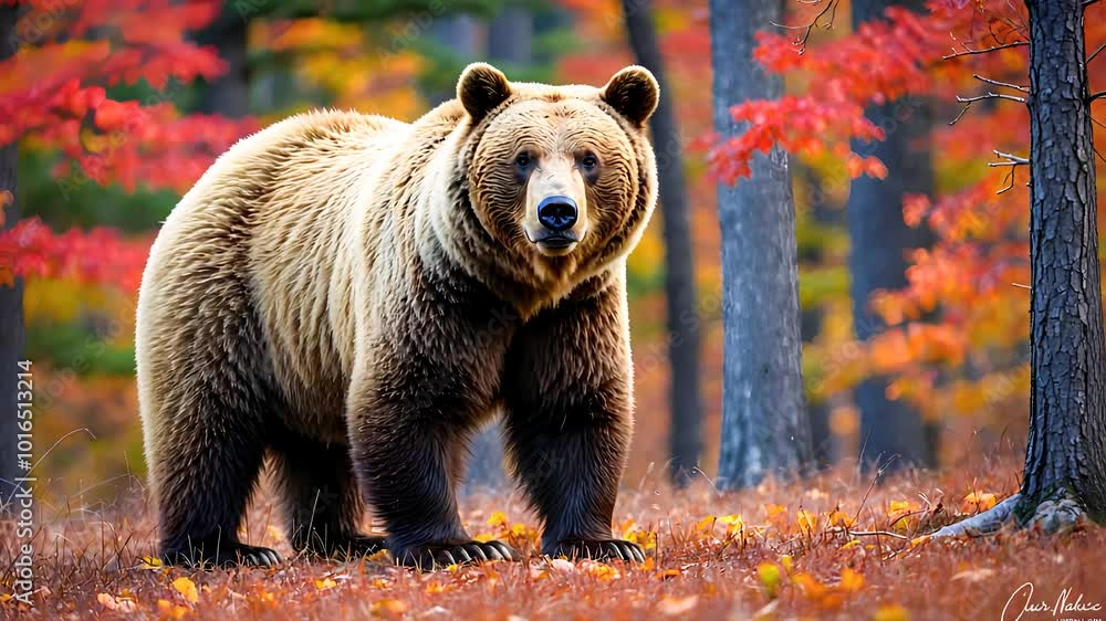 Majestic Brown Bear in Vibrant Autumn Forest Scene
Majestic Brown Bear in Vibrant Autumn Forest Scene