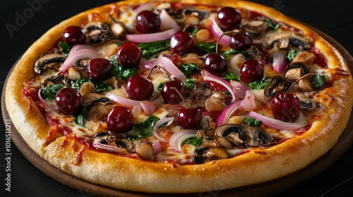 An enticing shot of a colorful pizza with cherries, onions, and mushrooms, showcasing its vibrant toppings against a dark background, perfect for creative food photography.