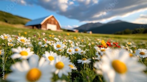 A sprawling meadow dotted with vibrant daisies stretches towards a rustic barn, with a dramatic sky above, capturing the essence of rural serenity and expansiveness. photo