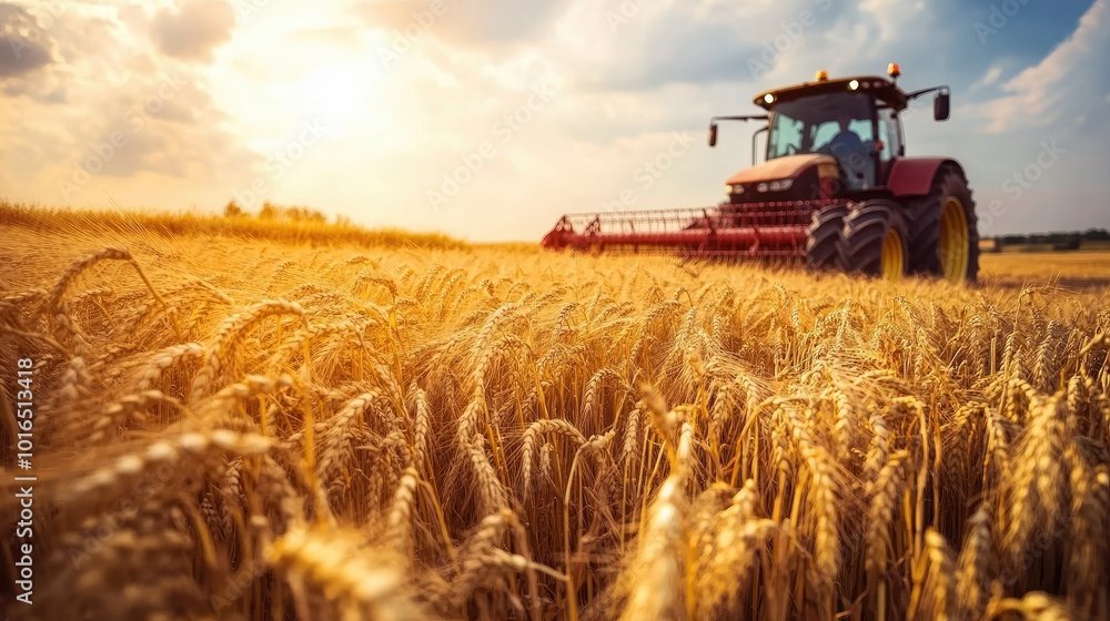 Fototapeta premium A rural scene with a tractor working through a barley field during harvest season, under a partly cloudy sky.
