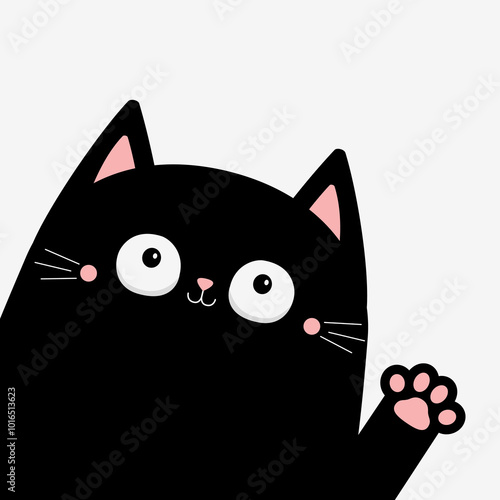 Cat peeking out from around the corner. Waving hand. Pink paw print. Black kitten face. Cute kawaii pet animal. Cartoon character. Sticker, greeting card print. Flat design. White background Vector