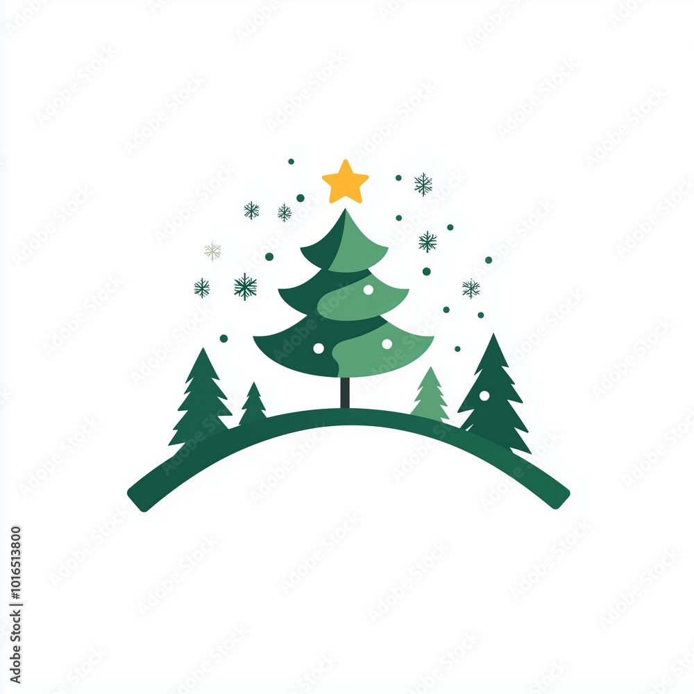 Obraz premium Simple shapes and lines of a Christmas tree on top of a hill with snowflakes around it.