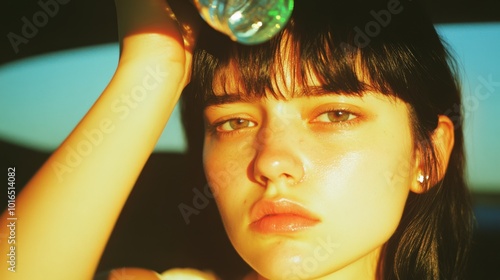 Müde Frau kühlt sich in der Sommerhitze mit einer Wasserflasche ab, um sich zu entspannen und Stress abzubauen photo