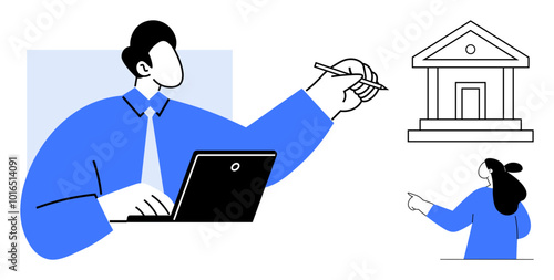 Man working on laptop while pointing to a building with a pen. Woman in blue pointing towards the building. Ideal for business projects, education, team collaboration, architectural design