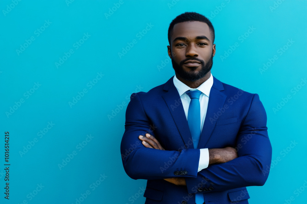 Portrait of confident black man wearing blue suit and light shirt standing against vibrant blue background Portrait of confident black man wearing blue suit and light shirt standing against vibrant blue background