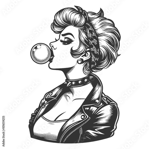 punk woman with glasses, tattoos, and a bubblegum bubble sketch engraving generative ai fictional character vector illustration. Scratch board imitation. Black and white image.