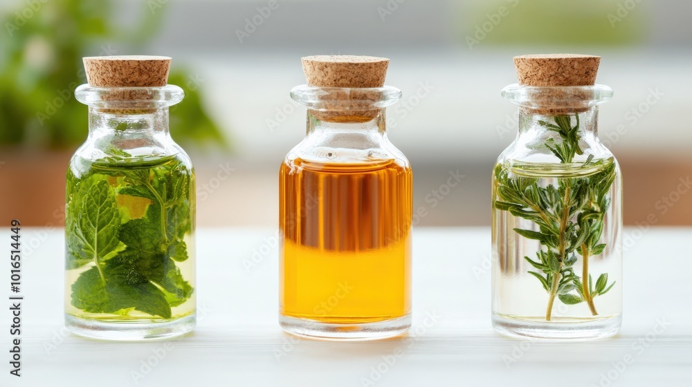 Aromatherapie-Essentials: Glasflaschen mit Minz- und Rosmarinaufgüssen für Wellness und Entspannung Aromatherapie-Essentials: Glasflaschen mit Minz- und Rosmarinaufgüssen für Wellness und Entspannung