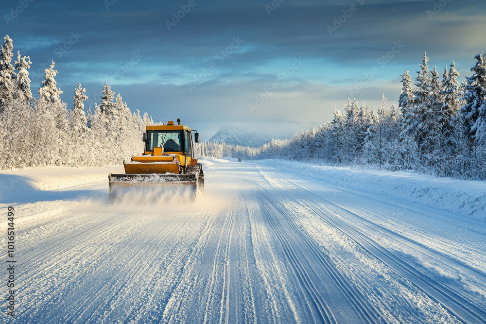 Snowplow is clearing snow from road during a snowfall. Snow remover on winter road Snowplow is clearing snow from road during a snowfall. Snow remover on winter road