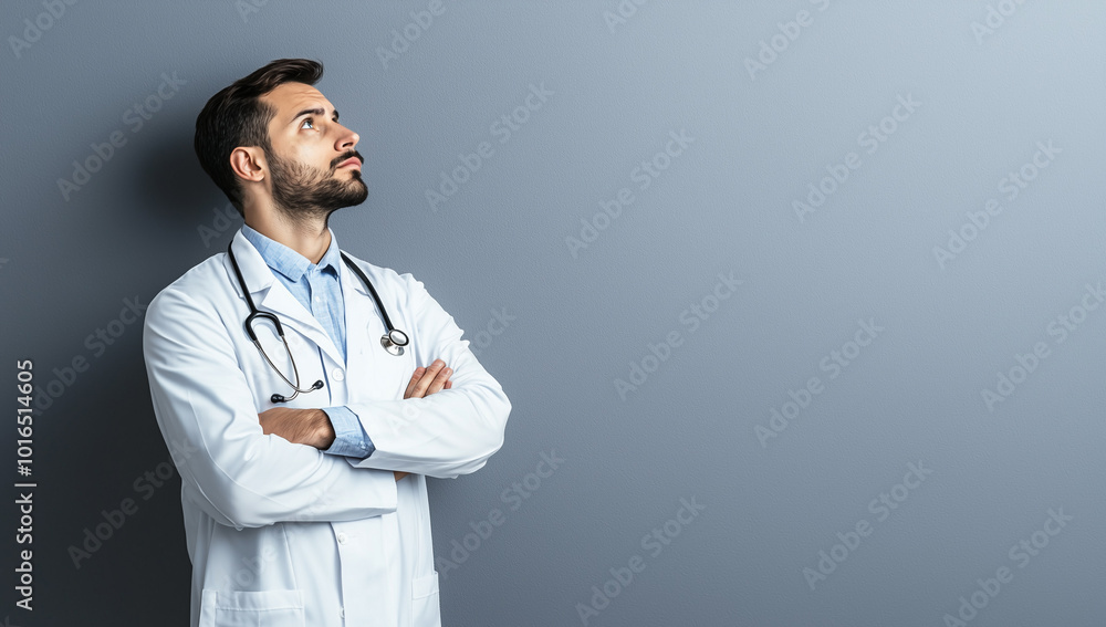 A male doctor in a white coat and stethoscope stands in side view against a studio background, looking thoughtfully up at an empty space. Ideal healthcare-related content or professional introspection A male doctor in a white coat and stethoscope stands in side view against a studio background, looking thoughtfully up at an empty space. Ideal healthcare-related content or professional introspection