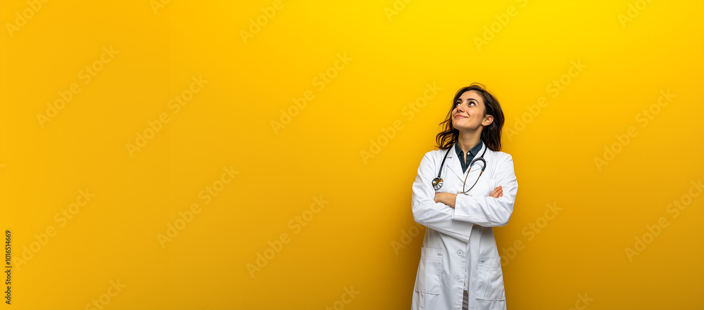 A female doctor in a white coat and stethoscope stands against a blank background, looking thoughtfully up. Ideal for healthcare-related content or professional introspection. A female doctor in a white coat and stethoscope stands against a blank background, looking thoughtfully up. Ideal for healthcare-related content or professional introspection.