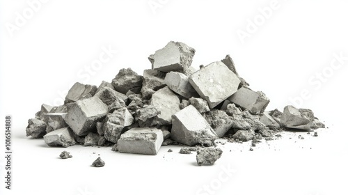 A scattered pile of rough concrete pieces in various sizes and shapes, isolated against a blank white background