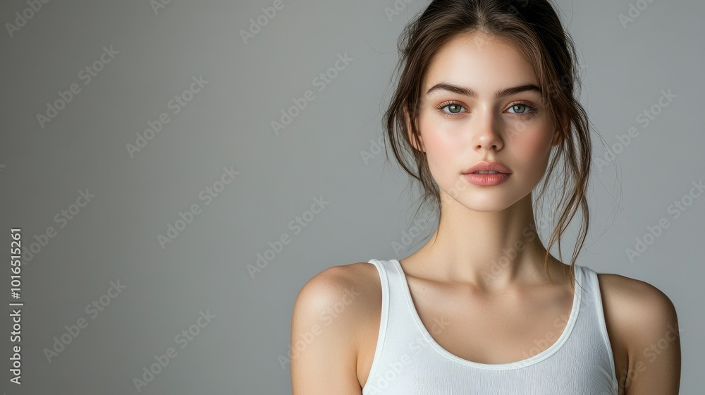 Beautiful brunette in white t-shirt doing breast self-examination Breast Cancer female breast, support, prevention, mammography, screening, oncology, cancer treatment. Beautiful brunette in white t-shirt doing breast self-examination Breast Cancer female breast, support, prevention, mammography, screening, oncology, cancer treatment.