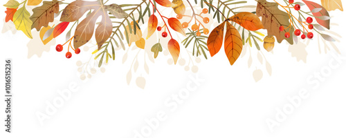 Autumn watercolor vector border with leaves, branches and berries. Fall season background