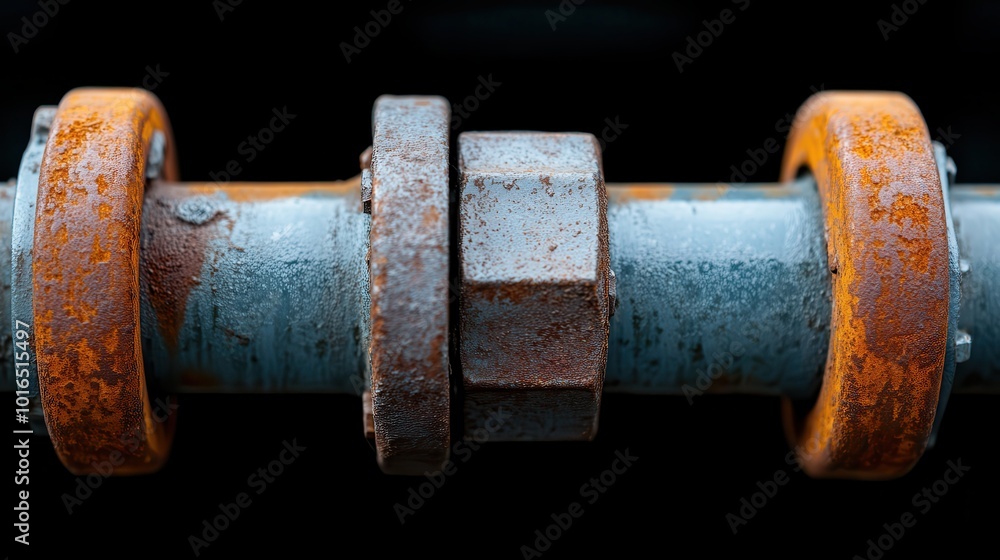 A detailed close-up image of rusty bolts and washers encasing a cylindrical pipe, capturing the beauty and texture of rust and industrial patina. A detailed close-up image of rusty bolts and washers encasing a cylindrical pipe, capturing the beauty and texture of rust and industrial patina.